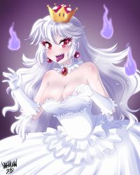 Rule 34 | 1girl, 2018, :d, :p, absurdres, bare shoulders, blush, breasts, cleavage, crown, danmakuman, dress, earrings, elbow gloves, female focus, fire, frilled dress, frilled gloves, frills, gem, ghost, gloves, gradient background, hair between eyes, hands up, highres, jewelry, large breasts, long hair, looking at viewer, mario (series), neck, necklace, new super mario bros. u deluxe, nintendo, open mouth, princess king boo, purple background, purple fire, red eyes, red gemstone, sharp teeth, silver hair, smile, solo, standing, strapless, strapless dress, super crown, teeth, tongue, tongue out, upper teeth only, white dress, white gloves