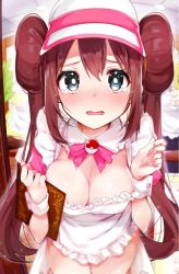 Rule 34 | 1girl, alternate costume, apron, baseball cap, blue eyes, blurry, blush, breasts, brown hair, cleavage, covered navel, cowboy shot, creatures (company), detached collar, double bun, embarrassed, frilled apron, frills, from above, game freak, hair bun, hat, holding, indoors, large breasts, long hair, looking at viewer, maid, menu, naked apron, neck ribbon, nintendo, nose blush, pink ribbon, poke ball, poke ball (basic), pokemon, pokemon bw2, ribbon, rosa (pokemon), rouka (akatyann), sidelocks, solo, sparkle, tearing up, tears, twintails, very long hair, white hat, wrist cuffs