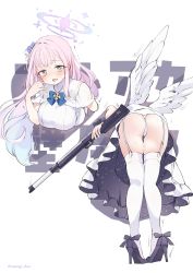 Rule 34 | 1girl, angel wings, aqua hair, ass, blue archive, blush, breasts, dress, embarrassed, feathered wings, garter straps, gradient hair, gun, hair ornament, halo, high heels, highres, holding, holding gun, holding weapon, large breasts, legs, long hair, looking at viewer, mika (blue archive), multicolored hair, multiple views, open mouth, orange eyes, panties, pink hair, purple footwear, simple background, struggling, stuck, sweat, thigh gap, thighhighs, through wall, trembling, twitter username, underwear, upskirt, weapon, white background, white dress, white panties, white wings, wing ornament, wings, yuunagi show