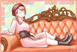 Rule 34 | 1girl, ;), absurdres, alternate hairstyle, artist name, artist request, beret, black corset, black footwear, blush, boots, braid, breasts, brown hat, corset, couch, cross-laced footwear, dress, female focus, full body, green eyes, hat, high heels, highres, long sleeves, looking at viewer, love live!, love live! nijigasaki high school idol club, miniskirt, nail, nail polish, nefielia, on couch, one eye closed, orange hair, parted lips, pink dress, pink nails, pink skirt, plaid, plaid skirt, pleated, pleated skirt, puffy long sleeves, puffy sleeves, red hair, shoes, short hair, skirt, smile, solo, teeth, twin braids, uehara ayumu, wink, yellow eyes