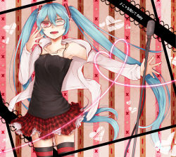 Rule 34 | 1girl, aqua hair, copyright name, detached sleeves, glasses, hatsune miku, jewelry, kocchi muite baby (vocaloid), long hair, microphone, microphone stand, necklace, off shoulder, one eye closed, open mouth, outstretched arm, project diva (series), project diva 2nd, red eyes, shinkusora, solo, striped clothes, striped thighhighs, thighhighs, twintails, very long hair, vocaloid, wink