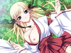 Rule 34 | 1girl, artist request, bare shoulders, blonde hair, blue eyes, blunt bangs, blush, breast slip, breasts, collarbone, detached sleeves, dutch angle, expressionless, female focus, fingernails, game cg, grass, hair ornament, hair ribbon, hakama, hakama skirt, hime to majin to koisuru tamashii, japanese clothes, long hair, looking at viewer, lying, miko, nipples, no bra, off shoulder, on back, on ground, one breast out, open clothes, outdoors, ribbon, rokujouin sakuya, skirt, solo, wide sleeves