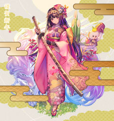 Rule 34 | bamboo, brown hair, chang&#039;e (destiny child), destiny child, hair ornament, hammer, highres, japanese clothes, katana, kimono, looking at viewer, monkey, pink eyes, sword, tagme, weapon, wolf