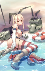 Rule 34 | &gt; &lt;, 10s, 1girl, @ @, anchor, ass, beach, black panties, blonde hair, breasts, brown eyes, closed eyes, da mao banlangen, elbow gloves, gloves, hairband, highres, kantai collection, lifebuoy, long hair, looking at viewer, nipples, object insertion, open mouth, outdoors, panties, personification, pussy, rensouhou-chan, shimakaze (kancolle), solo, striped clothes, striped thighhighs, swim ring, tears, thighhighs, torpedo, uncensored, underwear, vaginal, vaginal object insertion, water, white gloves