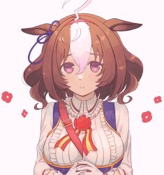 Rule 34 | 1girl, ahoge, animal ears, bow, breasts, brown hair, collared shirt, ear ribbon, ears down, flower, gloves, hair between eyes, hairband, highres, hisashi (g6bfb), horse ears, horse girl, large breasts, long sleeves, looking at viewer, meisho doto (umamusume), multicolored hair, own hands together, pink hairband, purple eyes, red flower, shirt, short hair, solo, two-tone hair, umamusume, white background, white gloves, white hair, white shirt