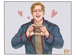 Rule 34 | 1boy, blonde hair, blue jacket, closed eyes, dimple, freckles, grey background, heart, heart hands, jacket, kaysd999, male focus, mir (comics), mir (mir), parted bangs, short hair, simple background, smile, solo, upper body