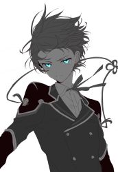 Rule 34 | 10s, 1boy, blue eyes, earrings, highres, horikawa kunihiro, jewelry, looking at viewer, male focus, military, military uniform, serious, short hair, simple background, solo, spot color, touken ranbu, uniform, upper body, white background