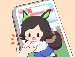 Rule 34 | 1girl, 1other, :d, animal ears, bandaid, bandaid on cheek, bandaid on face, black hair, blue shorts, blush stickers, brown background, brown footwear, cellphone, chibi, gomashio (goma feet), hair ornament, hairclip, holding, holding phone, horse ears, horse girl, horse tail, notice lines, open mouth, phone, shirt, shoes, shorts, simple background, smile, socks, solo focus, swept bangs, tail, umamusume, white shirt, white socks, winning ticket (umamusume), | |