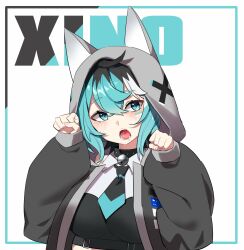 Rule 34 | 1girl, animal hood, aqua border, black collar, black hair, black necktie, blue eyes, blue hair, blush, border, breasts, clenched hands, collar, collared shirt, commentary request, cropped shirt, dangogo, english text, facing viewer, fangs, green border, hair between eyes, hands up, highres, hood, hood up, hoodie, indie virtual youtuber, jacket, korean commentary, large breasts, long bangs, looking to the side, multicolored hair, necktie, ookami xino, open clothes, open jacket, open mouth, paw pose, shirt, short hair, simple background, solo, teeth, tongue, upper body, virtual youtuber, white background, white hair