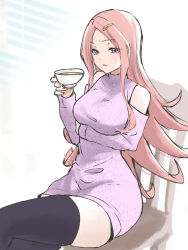 Rule 34 | 1girl, arm under breasts, assault lily, bare shoulders, black thighhighs, breasts, chair, clothing cutout, commentary request, cowboy shot, crossed legs, cup, dress, furrowed brow, hair ornament, hairclip, hands up, highres, holding, holding cup, kiko totori, large breasts, long hair, long sleeves, looking ahead, on chair, parted bangs, parted lips, pink hair, purple dress, purple eyes, purple sweater, shoulder cutout, sidelocks, sitting, solo, sweater, sweater dress, tea, teacup, thighhighs, urutsu sahari, very long hair, white background, window blinds, zettai ryouiki