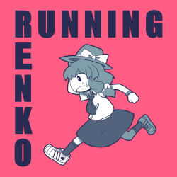 Rule 34 | 1girl, bad id, bad pixiv id, bow, chibi, english text, full body, hair bow, hat, jirousan21, monochrome, necktie, open mouth, pink background, pozesuke, ribbon, running, shoes, short hair, simple background, skirt, sneakers, solo, touhou, usami renko, yatarou (zombie worker)