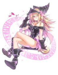 Rule 34 | 1girl, absurdres, bare shoulders, blonde hair, blush stickers, breasts, choker, cleavage, dark magician girl, deluxe&lt;&lt;&lt;, duel monster, gloves, hat, highleg, highleg dress, highres, long hair, magi magi magician gal, one eye closed, pentacle, red eyes, smile, solo, staff, wizard hat, yu-gi-oh!