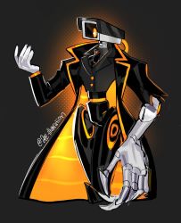 Rule 34 | 2-ee, asymmetrical arms, black background, black jacket, black vest, borrowed character, cable, clothed robot, commentary, english commentary, highres, humanoid robot, jacket, one-eyed, orange eyes, original, robot, science fiction, twitter username, vest