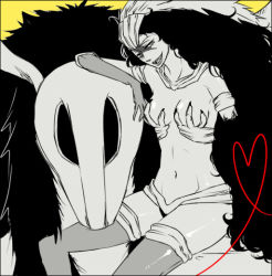 Rule 34 | armlet, arrancar, ayon, bleach, breasts, elbow gloves, facial mark, franceska mila rose, gloves, kuloco, long hair, midriff, monochrome, monster, navel, resurreccion, sitting, size difference, smile, spot color, thighhighs, wavy hair, yellow background