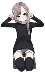 Rule 34 | 1girl, absurdres, black shirt, black thighhighs, blue shorts, blush, braid, brown hair, closed mouth, commentary request, copyright request, double v, full body, grey eyes, highres, long hair, long sleeves, looking at viewer, parted bangs, shirt, shorts, simple background, single braid, sitting, sketch, solo, thighhighs, thighs, v, wariza, white background, yamamoto souichirou