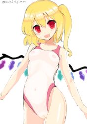 Rule 34 | 1girl, :d, bare arms, bare shoulders, blonde hair, blush, breasts, cameltoe, cleft of venus, commentary request, cowboy shot, fang, flandre scarlet, hair between eyes, hamaburicchi, head tilt, highleg, highleg swimsuit, long hair, looking at viewer, navel, nipples, one-piece swimsuit, open mouth, pussy, red eyes, see-through, side ponytail, simple background, small breasts, smile, solo, swimsuit, touhou, twitter username, white background, wings