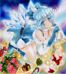 Rule 34 | 1girl, adapted costume, at classics, bare shoulders, belt, blue bow, blue dress, blue eyes, blue footwear, blue gloves, blue hair, blush, boots, bow, candy, candy cane, christmas, cirno, dress, elbow gloves, food, fur trim, gift, gloves, hair bow, light smile, marker (medium), matching hair/eyes, sample watermark, santa costume, short hair, solo, star (symbol), stuffed animal, stuffed toy, teddy bear, touhou, traditional media, watermark, wings