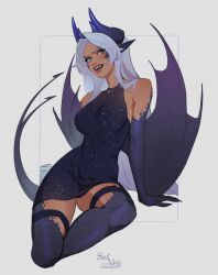 Rule 34 | 1girl, artist name, bare shoulders, character name, colored skin, commentary, commission, copyright request, covered navel, cowboy shot, dated, demon girl, demon horns, demon tail, demon wings, dress, english commentary, green eyes, highres, horns, mirra, monster girl encyclopedia, orange skin, saf veij, solo, tail, thighhighs, white background, white hair, wings