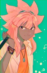 Rule 34 | 1boy, bracelet, brown eyes, bubble background, dog tags, goggles, goggles on head, green background, hair between eyes, highres, inazuma eleven, inazuma eleven (series), jewelry, looking at viewer, male focus, pink hair, saichuu (datttebayoo), simple background, smile, solo, tsunami jousuke