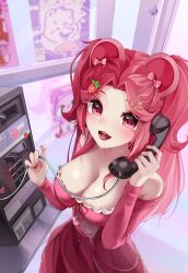Rule 34 | 1girl, animal ears, bare shoulders, bear ears, breasts, cleavage, commission, corded phone, dress, food-themed hair ornament, hair ornament, highres, hiroside, holding, holding phone, large breasts, long hair, looking at viewer, open mouth, original, payphone, phone, phone booth, pink eyes, pink hair, solo, strapless, strapless dress, strawberry hair ornament, virtual youtuber