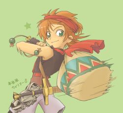 Rule 34 | 1boy, backpack, bag, bandana, closed mouth, etrian odyssey, fingerless gloves, gloves, grandia, grandia i, green eyes, highres, inago (nagoiti), justin (grandia), long hair, looking at viewer, male focus, simple background, smile, solo, sword, weapon
