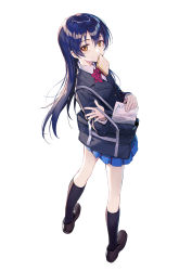 Rule 34 | 1girl, bag, black socks, blazer, blue hair, bow, bowtie, bread, bread slice, brown eyes, food, food in mouth, full body, highres, huanxiang heitu, jacket, kneehighs, loafers, long hair, long sleeves, looking at viewer, love live!, love live! school idol project, miniskirt, mouth hold, otonokizaka school uniform, paper, pleated skirt, red bow, red bowtie, school bag, school uniform, shoes, simple background, skirt, socks, solo, sonoda umi, standing, striped bow, striped bowtie, striped clothes, striped neckwear, toast, toast in mouth, white background