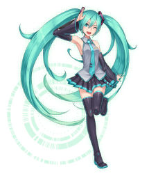 Rule 34 | 1girl, arm up, black thighhighs, blush, breasts, detached sleeves, green eyes, green hair, hair ornament, hatsune miku, long hair, looking at viewer, matching hair/eyes, necktie, nidy, one eye closed, open mouth, skirt, small breasts, smile, solo, thighhighs, twintails, very long hair, vocaloid, zettai ryouiki