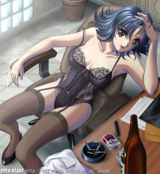 Rule 34 | 1girl, ashtray, ayuse, blue hair, breasts, bustier, cigarette, cleavage, high heels, lace, legs, lingerie, long legs, panties, red eyes, shoes, solo, thighhighs, thighs, underwear