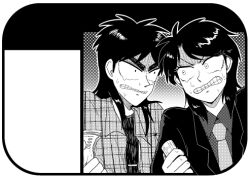 Rule 34 | 2boys, angry, banknote, blazer, clenched teeth, commentary request, formal, greyscale, holding, holding money, ichijou seiya, itou kaiji, jacket, kaiji, long hair, looking at another, lowres, male focus, medium bangs, money, monochrome, morota, multiple boys, necktie, outline, plaid, plaid shirt, shirt, suit, sweat, teeth, undershirt, upper body, v-shaped eyebrows