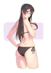 Rule 34 | 1girl, aqua eyes, ass, bikini, black bikini, brown hair, commentary request, eyebrows, from behind, glasses, hand on own hip, highres, kantai collection, long hair, ooyodo (kancolle), side-tie bikini bottom, sidelocks, simple background, solo, swimsuit, thighs, white background, yuuji (and)