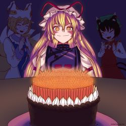 Rule 34 | 3girls, age conscious, angry, animal ears, animal hat, birthday, birthday cake, blonde hair, blue tabard, brown hair, cake, candle, cat ears, chen, closed eyes, dress, earrings, eye twitch, false smile, fang, food, fox tail, green headwear, hat, hat ribbon, highres, jemma finn, jewelry, juliet sleeves, long hair, long sleeves, mandarin collar, mob cap, multiple girls, multiple tails, open mouth, pastry, mob cap, puffy sleeves, purple tabard, red dress, ribbon, short hair, simple background, smile, tabard, tail, tassel, too many, touhou, white dress, wide sleeves, yakumo ran, yakumo yukari