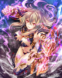 Rule 34 | 1girl, action, armor, armpits, breasts, brown eyes, cleavage, clenched hand, clenched teeth, company name, eikou no guardian battle, eye trail, full body, gauntlets, glowing, glowing eyes, groin, head wings, hexagon, highres, light trail, long hair, looking at viewer, madogawa, midriff, navel, official art, parted lips, revealing clothes, silver hair, solo, teeth, wings