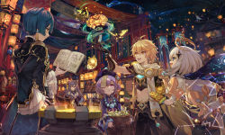 Rule 34 | 3boys, 4girls, aether (genshin impact), ahoge, architecture, artist name, banner, bead necklace, beads, black gloves, black pants, blue eyes, blue hair, blue jacket, blue scarf, blush, book, boots, closed mouth, commentary, cowboy shot, csyday, double bun, dress, earrings, east asian architecture, english commentary, fish, fish (food), floating, floating object, food, frilled sleeves, frills, ganyu (genshin impact), genshin impact, gloves, glowing, goat horns, grey hair, grilled fish, hair between eyes, hair bun, halo, hand on own hip, hat, highres, holding, holding food, holding polearm, holding spear, holding weapon, horns, jacket, jewelry, jiangshi, kebab, keqing (genshin impact), lantern, light blue hair, long hair, looking up, magic, midriff, moon, moon carver (genshin impact), multicolored hair, multiple boys, multiple girls, navel, necklace, night, night sky, ofuda, open mouth, outdoors, outstretched hand, paimon (genshin impact), pants, polearm, purple dress, purple hair, purple headwear, purple robe, qingdai guanmao, qiqi (genshin impact), reading, robe, scarf, scroll, short hair, signature, sitting, sky, smile, spear, standing, star (sky), starry sky, tassel, tassel earrings, triangle mouth, twintails, two-tone hair, weapon, white footwear, white scarf, wide sleeves, xiao (genshin impact), xingqiu (genshin impact), yellow eyes