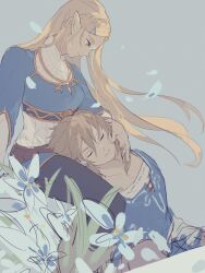 Rule 34 | 1boy, 1girl, black pants, blonde hair, blue shirt, blue tunic, braid, breasts, closed eyes, falling petals, grey background, hair between eyes, hair ornament, hairclip, hand on another&#039;s cheek, hand on another&#039;s face, highres, link, long hair, looking at another, medium breasts, medium hair, nintendo, pants, parted bangs, petals, pointy ears, princess zelda, shirt, side braid, silent princess, sketch, ten 1397xx, the legend of zelda, the legend of zelda: breath of the wild
