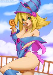 Rule 34 | 1girl, ass, bare shoulders, blonde hair, blue footwear, boots, breasts, cleavage, cloud, commentary, dark magician girl, day, deilan12, duel monster, english commentary, from side, green eyes, hair between eyes, hat, highres, holding, knee up, large breasts, long hair, looking at viewer, off shoulder, open mouth, pentacle, signature, smile, solo, staff, watermark, web address, wizard hat, yu-gi-oh!