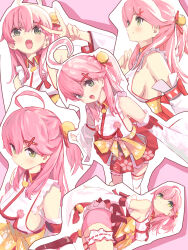 Rule 34 | 1girl, blush, breasts, detached sleeves, green eyes, hair ornament, hairpin, highres, hololive, japanese clothes, kimono, large breasts, long hair, looking at viewer, misago (525), open mouth, pink hair, pink kimono, red skirt, sakura miko, sakura miko (1st costume), side ponytail, sideboob, skirt, smile, solo, v, virtual youtuber, white sleeves, x hair ornament