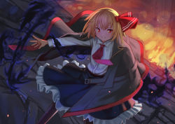 Rule 34 | &gt;:), 1girl, black cape, black pantyhose, black skirt, blonde hair, cape, commentary request, darkness, feet out of frame, hair between eyes, hair ribbon, long sleeves, looking at viewer, magic, necktie, outstretched arm, pantyhose, petticoat, red eyes, red necktie, red ribbon, ribbon, roke (taikodon), rumia, shirt, short hair, skirt, smile, solo, standing, touhou, v-shaped eyebrows, white shirt