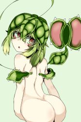 Rule 34 | 1girl, ass, back, blush, female focus, from behind, green background, green hair, highres, looking back, monster girl, nude, ocha no mae, open mouth, original, plant girl, simple background, solo