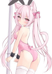 Rule 34 | 1girl, animal ear fluff, animal ears, ass, bare back, bare shoulders, black handcuffs, blue hairclip, blush, bow, bowtie, breasts, cat ears, cat girl, cat tail, cowboy shot, cuffs, dot nose, fake animal ears, hair bow, hair ornament, hairclip, handcuffs, highres, large breasts, leotard, long hair, looking at viewer, mochizuki riku, oppai loli, original, pillar, pink bow, pink bowtie, pink eyes, pink hair, pink hairclip, pink leotard, playboy bunny, rabbit ears, solo, strapless, strapless leotard, tail, tail bow, tail ornament, thighhighs, thighs, twintails, very long hair, white background, white thighhighs