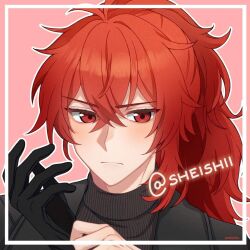 Rule 34 | 1boy, alternate costume, artist name, black gloves, black jacket, black sweater, closed mouth, diluc (genshin impact), genshin impact, gloves, jacket, male focus, ponytail, red background, red eyes, red hair, sheishii, sweater, twitter username