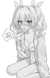 Rule 34 | !?, 1girl, bikini, blazer, blue archive, blush, breasts, commentary request, fujinari, full body, greyscale, hair ribbon, highres, jacket, jacket over swimsuit, looking at viewer, medium breasts, medium hair, monochrome, parted lips, ribbon, simple background, sitting, sketch, solo, spoken interrobang, swimsuit, twintails, wariza, yoshimi (blue archive)