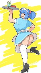 Rule 34 | 1girl, alternate breast size, artist name, back bow, blue dress, blue hair, blunt bangs, blush, bow, breasts, clenched teeth, commentary request, cup, dress, drinking glass, drinking straw, from behind, full body, gamukami, grey footwear, hair bobbles, hair ornament, hand on own hip, high heels, highres, holding, holding tray, kawashiro nitori, large breasts, looking at viewer, looking back, maid headdress, mole, mole on thigh, no panties, outline, parted lips, short sleeves, solo, standing, standing on one leg, teeth, thick thighs, thighhighs, thighs, touhou, tray, twintails, white background, white bow, white outline, white thighhighs, yellow background