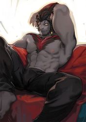 Rule 34 | 1boy, abs, animal ears, bara, beard, bulge, cat ears, chest hair, couch, facial hair, fangs, feet out of frame, final fantasy, final fantasy xiv, furry, furry male, grey fur, hrothgar, large pectorals, male focus, mature male, muscular, muscular male, navel, neilos, nipples, on couch, pectorals, short hair, sitting, solo, spread legs, stomach, topless male, warrior of light (ff14)
