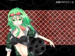 Rule 34 | 1girl, bad id, bad pixiv id, black-world, bokura no 16bit warz (vocaloid), breasts, camouflage, cleavage, explosive, fang, gatling gun, goggles, goggles on head, green eyes, green hair, grenade, grin, gumi, gun, highres, huge weapon, matching hair/eyes, midriff, mouth hold, navel, open clothes, open shirt, shirt, short hair, sleeves rolled up, smile, solo, vocaloid, weapon