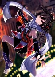 Rule 34 | 10s, 1girl, bare shoulders, black gloves, black neckerchief, black skirt, black socks, blurry, boots, brown eyes, brown hair, building, city, depth of field, elbow gloves, fingerless gloves, from above, gloves, hair ornament, highres, kantai collection, kneehighs, konkito, looking at viewer, looking up, neckerchief, obi, pleated skirt, sailor collar, sash, scarf, sendai (kancolle), sendai kai ni (kancolle), short hair, skirt, socks, solo, torpedo, two side up, white scarf