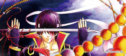 Rule 34 | 1boy, blood, covering privates, covering face, covering own eyes, gintama, gradient background, katana, lee.s, male focus, short hair, solo, sword, takasugi shinsuke, upper body, weapon