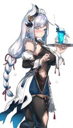 Rule 34 | 1girl, alternate costume, apron, black bodysuit, blue eyes, blue hair, blush, bodysuit, braid, breast curtain, breasts, chongyun (genshin impact), closed mouth, clothing cutout, cloud retainer (genshin impact), colored inner hair, commentary, crazy straw, cup, detached sleeves, drink, drinking straw, embarrassed, enmaided, eyes visible through hair, feet out of frame, flower knot, frills, from side, genshin impact, hair ornament, highres, hip vent, holding, holding tray, long hair, looking at viewer, low-braided long hair, low-tied long hair, maid, maid apron, maid headdress, medium breasts, multicolored hair, parted bangs, ranf, shenhe (genshin impact), silver hair, simple background, solo, sweatdrop, tassel, thigh cutout, tray, two-tone hair, white background, wrist cuffs, xianyun (genshin impact)