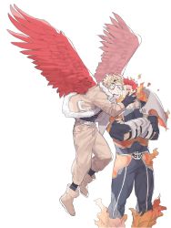 Rule 34 | 2boys, beard, blonde hair, blue eyes, bodysuit, boku no hero academia, crossed arms, deavor lover, endeavor (boku no hero academia), facial hair, feathered wings, feathers, flying, hand on another&#039;s face, hawks (boku no hero academia), highres, looking at another, male focus, multiple boys, muscular, red eyes, shoes, skin tight, spiked hair, thighs, upper body, white background, wings, yellow eyes