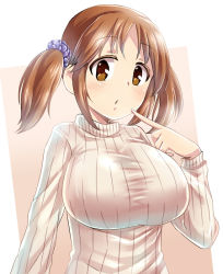Rule 34 | 10s, 1girl, :o, blush, breasts, brown eyes, brown hair, gagaga, idolmaster, idolmaster cinderella girls, large breasts, looking at viewer, parted lips, pointing, pointing at self, ribbed sweater, scrunchie, solo, sweater, taut clothes, totoki airi, turtleneck, twintails