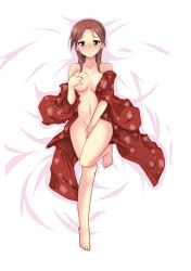 Rule 34 | 1girl, barefoot, bed, blush, brown hair, covering privates, covering crotch, dakimakura (medium), full body, itamochi, minna-dietlinde wilcke, nude, nude cover, solo, strike witches, world witches series